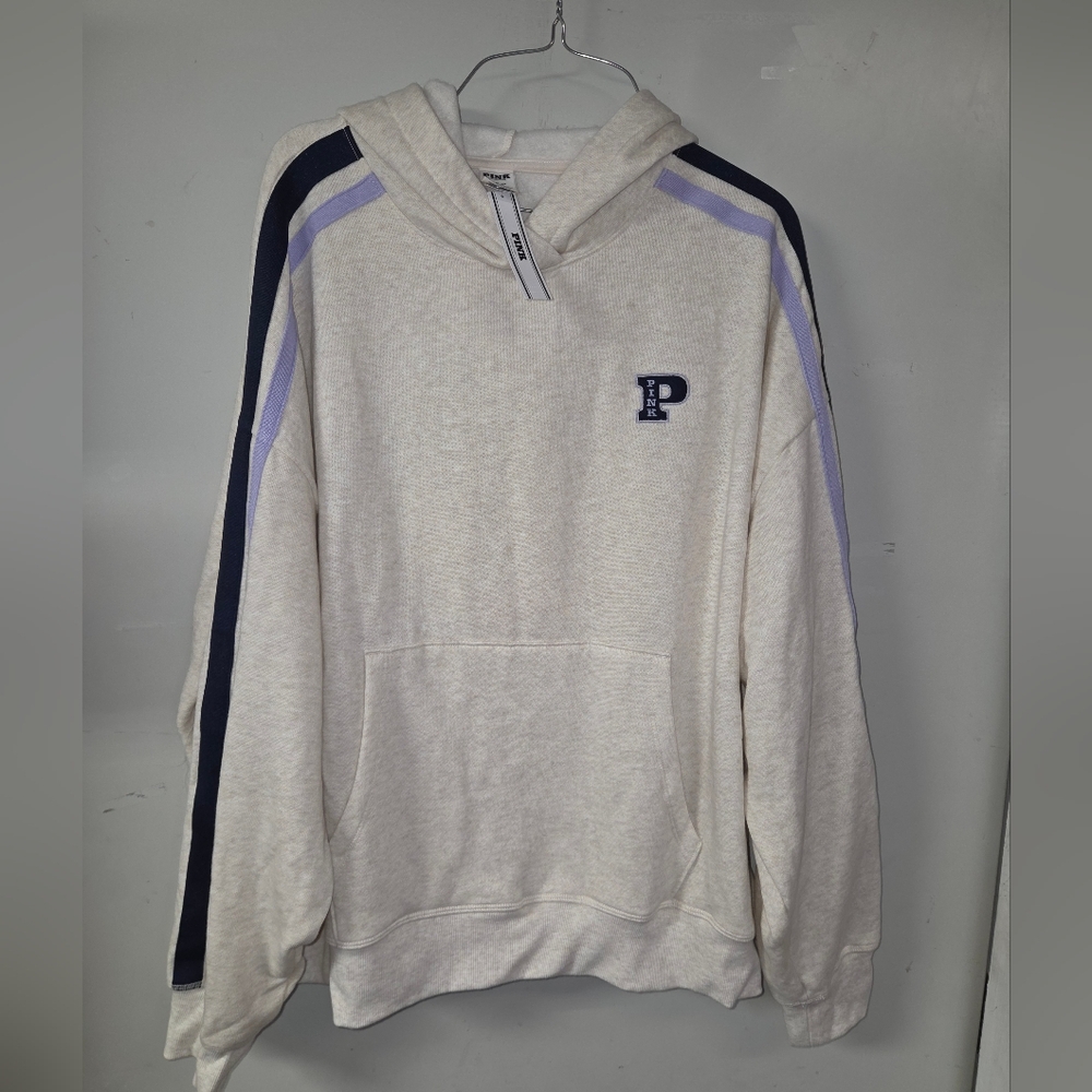 PINK Victoria's Secret Cream Hoodie with Navy & Lilac Stripes